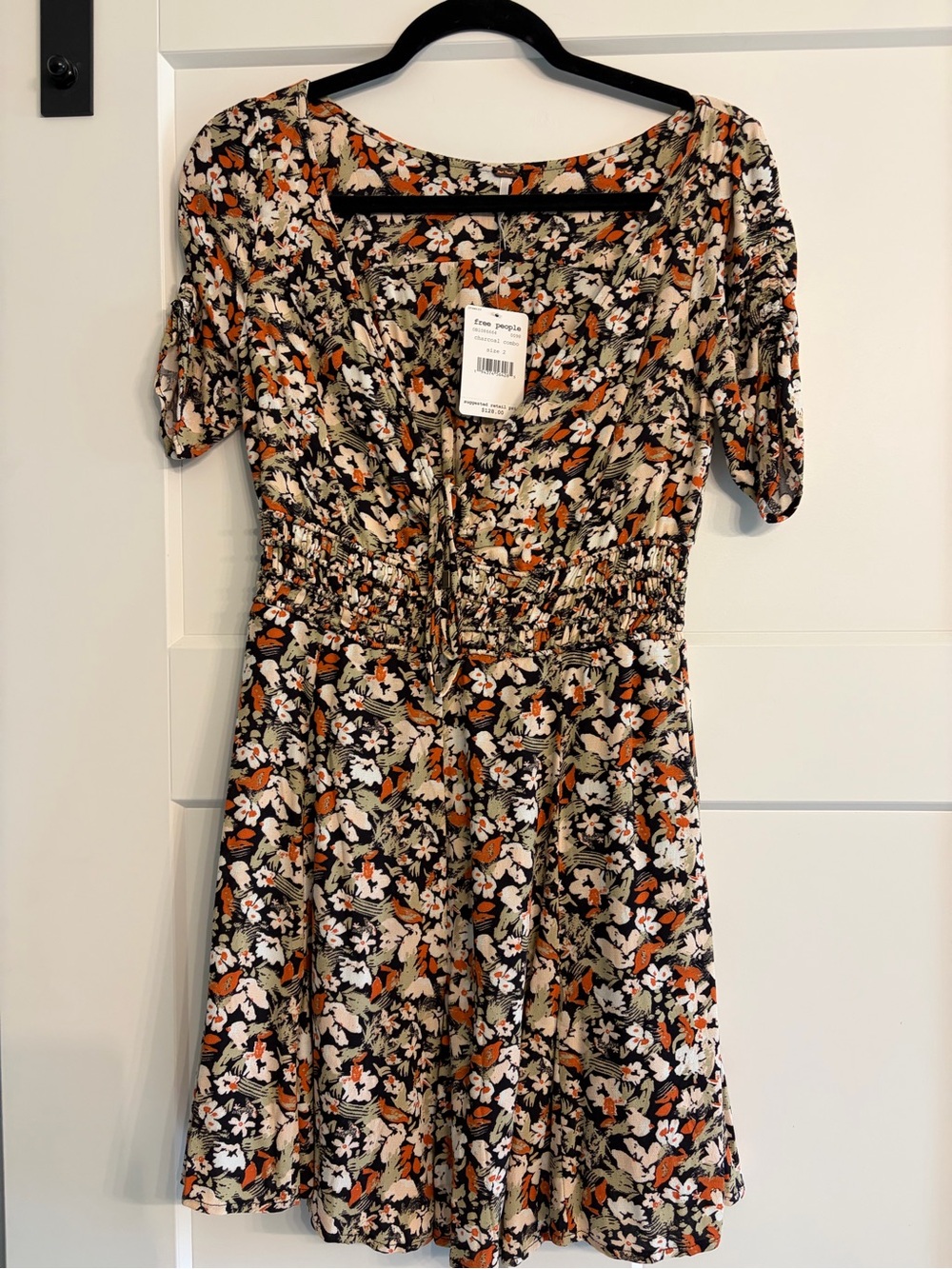 Free People Black Floral Tie-Front Dress with Orange Accents